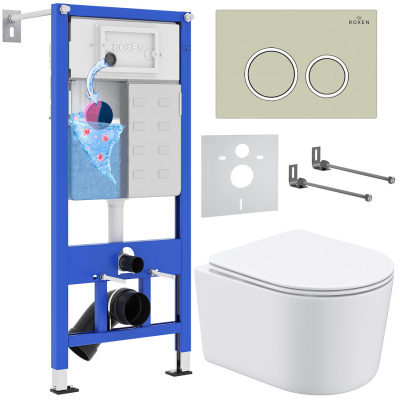 Комплект инсталляции Roxen StounFix Dual Fresh 966278 с унитазом Simple Compact 530120-01 и кнопкой Santi 410260BG