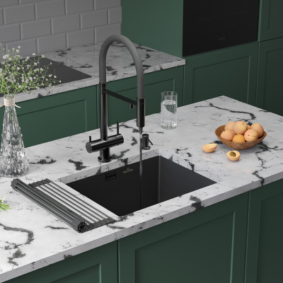 Кухонная мойка Roxen Uno 55х45 (PVD графит) декор с ролл-матом и дозатором