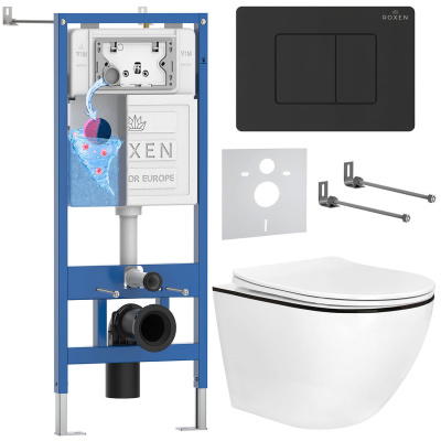 Комплект инсталляции Roxen StounFix Dual Fresh 868511 с унитазом Antares Black 530110-01B и кнопкой Steel 420280BM