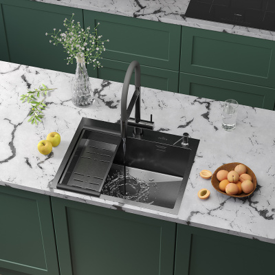 Кухонная мойка Roxen Simple 60 (PVD графит) с коландером и дозатором