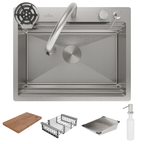 Кухонная мойка Roxen Stage Plus 60х50 со смесителем, ринзером, коландерами, дозатором и разделочной доской Кухонная мойка Roxen Stage Plus 60х50 со смесителем, ринзером, коландерами, дозатором и разделочной доской