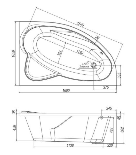 Акриловая ванна VentoSpa NIKA 160х105 Правый