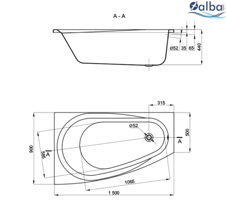 Акриловая ванна Alba Spa Baline 150х90 правая