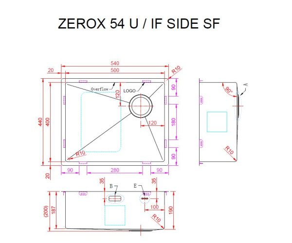 Кухонная мойка Zorg Zerox U/IF Side SF Zurinox 55х45 PVD Gunblack Кухонная мойка Zorg Zerox U/IF Side SF Zurinox 55х45 PVD Gunblack