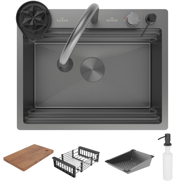 Кухонная мойка Roxen Stage Plus 60х50 (графит) со смесителем, ринзером, коландерами, дозатором и разделочной доской Кухонная мойка Roxen Stage Plus 60х50 (графит) со смесителем, ринзером, коландерами, дозатором и разделочной доской