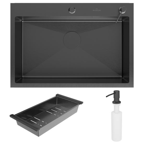 Кухонная мойка Roxen Simple 70 (PVD графит) с коландером и дозатором