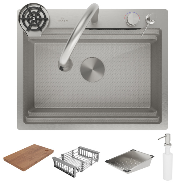 Кухонная мойка Roxen Stage Plus 60х50 (декор) со смесителем, ринзером, коландерами, дозатором и разделочной доской