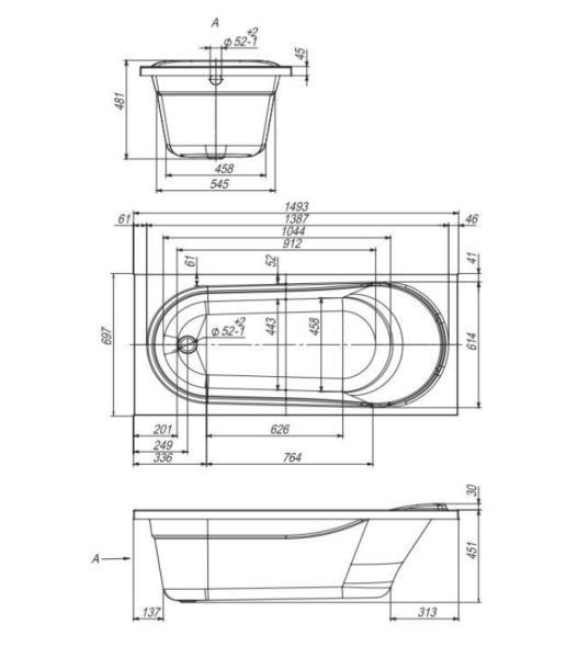 Акриловая ванна VentoSpa AQUA 150х70