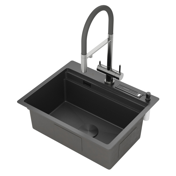 Кухонная мойка Roxen Stage 60х50 графит с коландером, дозатором, держателем для ножей и разделочной доской
