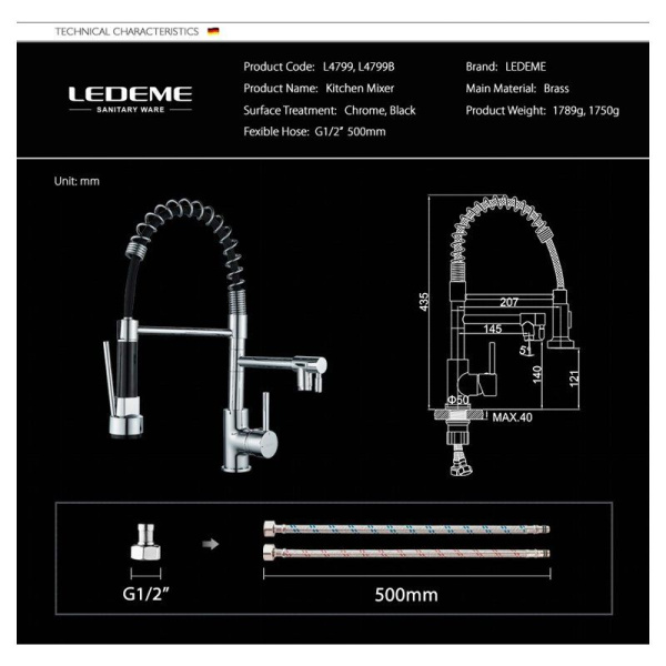 Смеситель с гибким изливом Ledeme 4799 Смеситель с гибким изливом Ledeme 4799