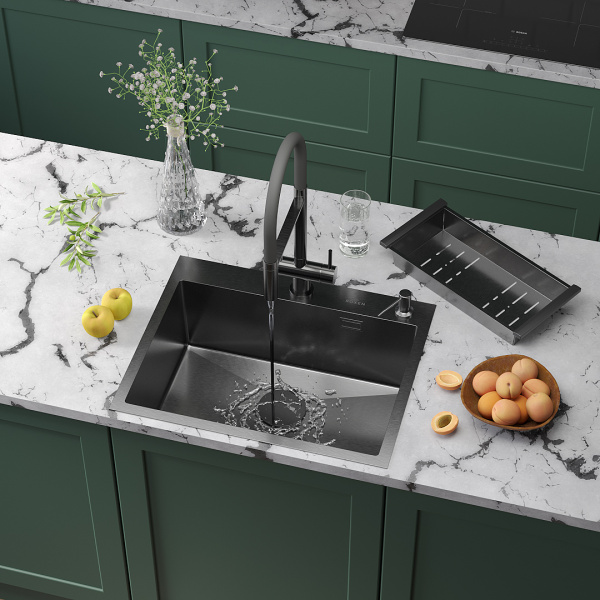Кухонная мойка Roxen Simple 60 (PVD графит) с коландером и дозатором