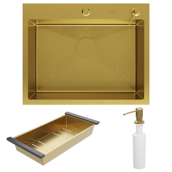 Кухонная мойка Roxen Simple 60 (PVD gold) с коландером и дозатором