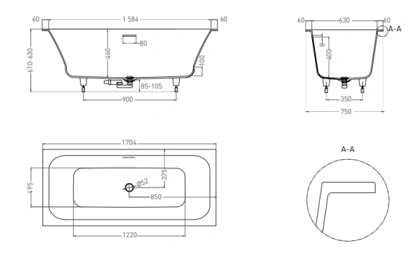 Ванна из искусственного камня Salini Orlanda axis kit 170x75 (S-Sense, глянцевый)