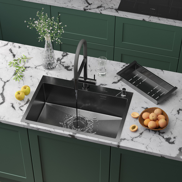 Кухонная мойка Roxen Simple 70 (PVD графит) с коландером и дозатором