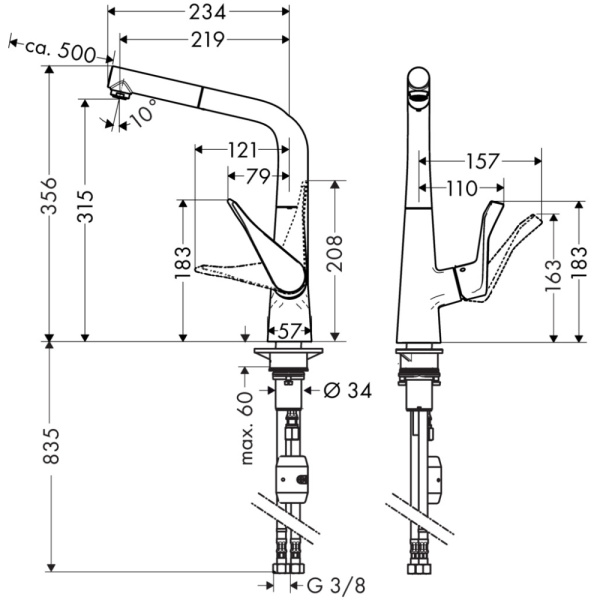 Смеситель с выдвижным изливом Hansgrohe Metris M71 1jet 14821800