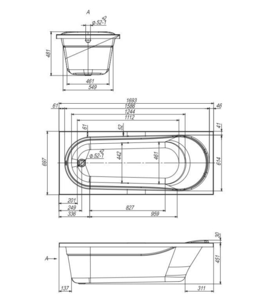 Акриловая ванна VentoSpa AQUA 170х70
