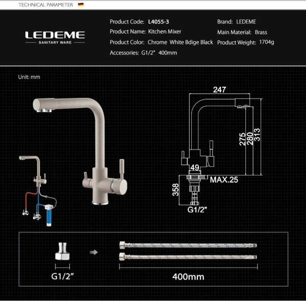 Смеситель с краном для питьевой воды Ledeme 4055W-3 Смеситель с краном для питьевой воды Ledeme 4055W-3