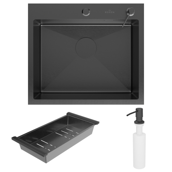Кухонная мойка Roxen Simple 55 (PVD графит) с коландером и дозатором