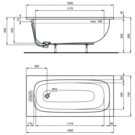 Прямоугольная ванна Ideal Standard i.life 150х70 см