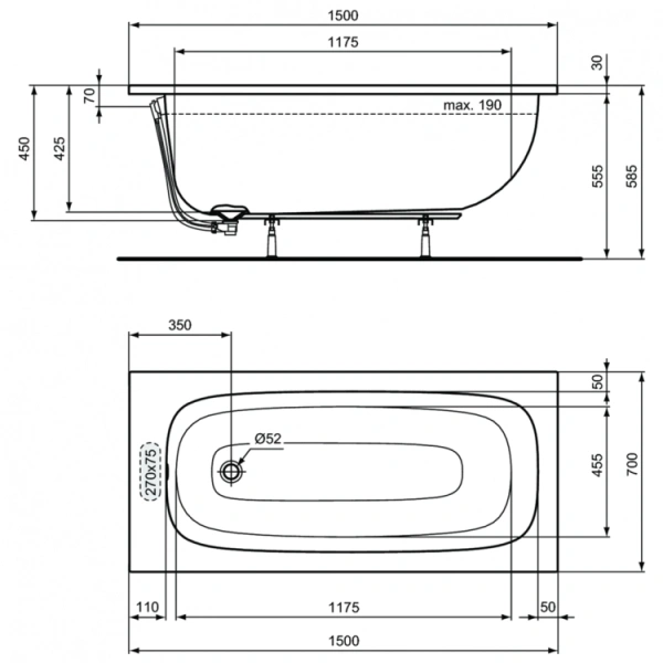 Прямоугольная ванна Ideal Standard i.life 150х70 см