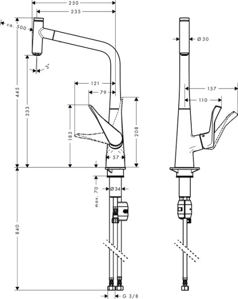 Смеситель с выдвижным изливом Hansgrohe Metris Select M71 1jet 14884800