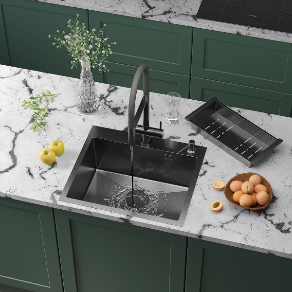 Кухонная мойка Roxen Simple 55 (PVD графит) с коландером и дозатором