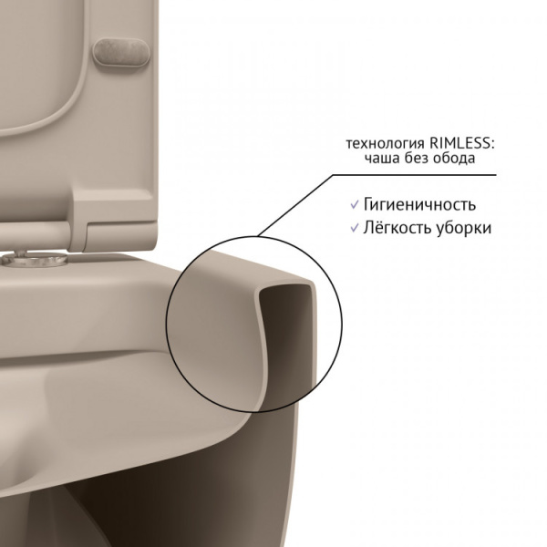 Унитаз BERGES подвесной EGO XL матовый жасмин Rimless 54 см, сиденье EGO XL Slim SO, микролифт, быстросъем Унитаз BERGES подвесной EGO XL матовый жасмин Rimless 54 см, сиденье EGO XL Slim SO, микролифт, быстросъем