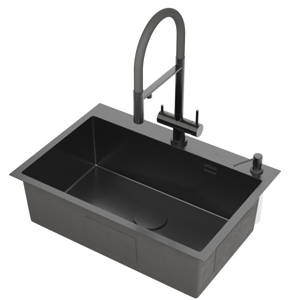 Кухонная мойка Roxen Simple 70 (PVD графит) с коландером и дозатором