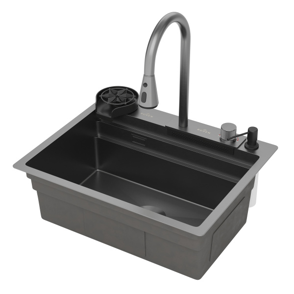 Кухонная мойка Roxen Stage Plus 60х50 (графит) со смесителем, ринзером, коландерами, дозатором и разделочной доской Кухонная мойка Roxen Stage Plus 60х50 (графит) со смесителем, ринзером, коландерами, дозатором и разделочной доской