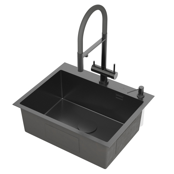 Кухонная мойка Roxen Simple 60 (PVD графит) с коландером и дозатором