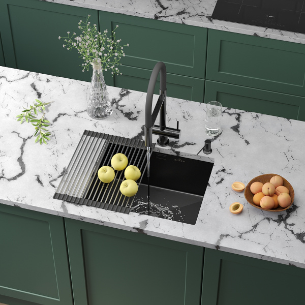 Кухонная мойка Roxen Uno 55х45 (PVD графит) с ролл-матом и дозатором