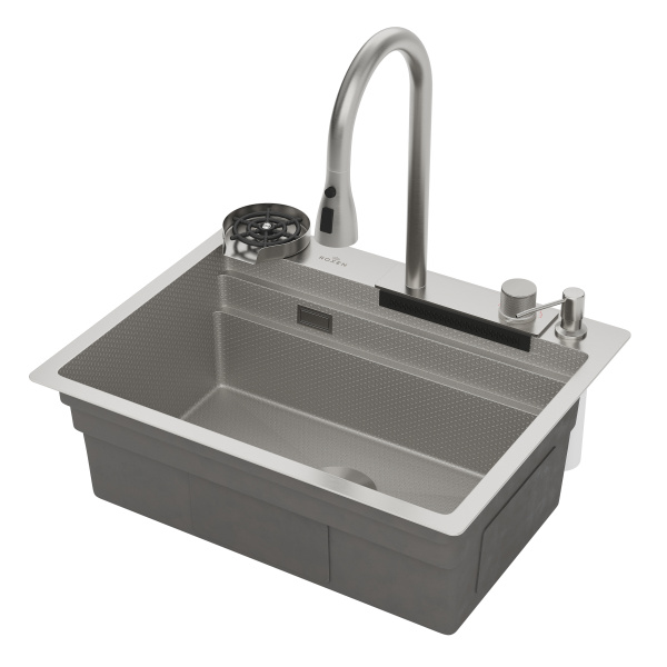 Кухонная мойка Roxen Stage Plus 60х50 (декор) со смесителем, ринзером, коландерами, дозатором и разделочной доской